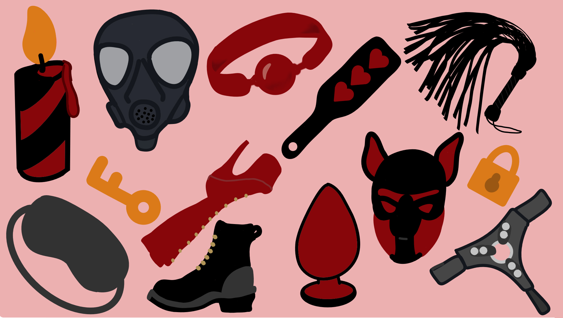 various kink gear displayed on a pink background